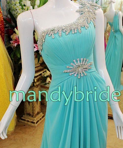 Exquisite Pleated Crystals Sash One Shoulder Column Chiffon SweepTrain
