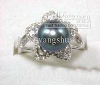 Black Pearl Silver Crystal Flower woman&#039;s Ring size 6.7.8.9