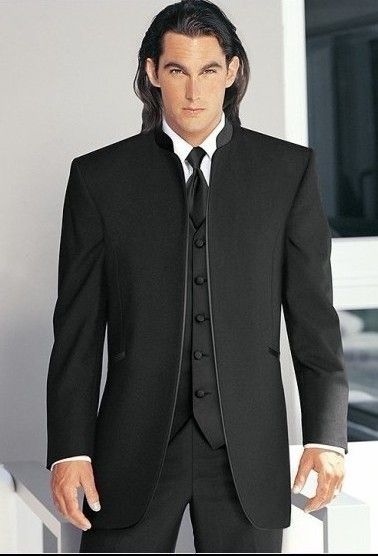 Сшитое Размер и цвет Groom Tuxedos Best Man мандарин отворотом Groomsmen Мужчины свадебные костюмы (куртка Жених + брюки + Tie + Vest) H777