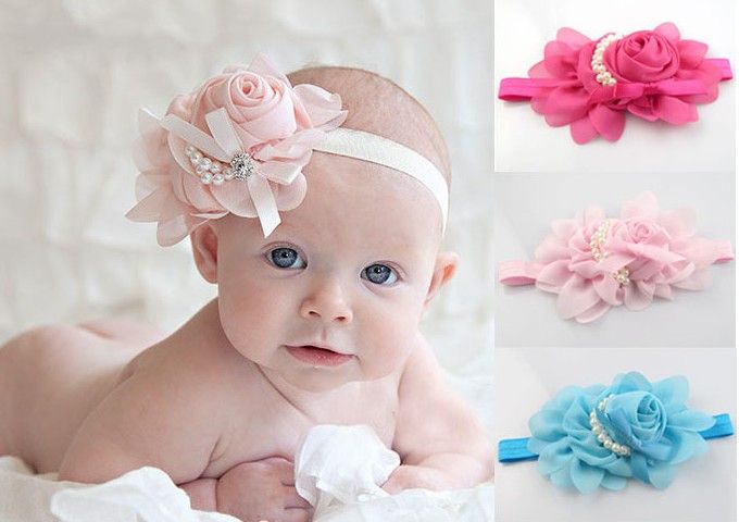 Färgglada Baby Girls Chiffon Headband för fotografering Props Rose Pearl Flower Headbands 15st / 