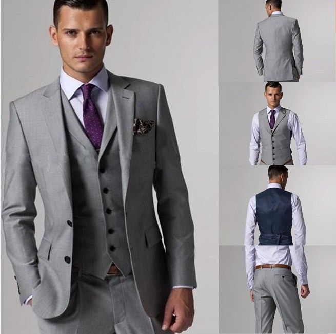 Ternos Personalizar Slim Fit Noivo Smoking Groomsmen Light Grey Side Ventilação casamento Best Man Suit masculinos (jaqueta + calça + Vest + Tie) K: 69