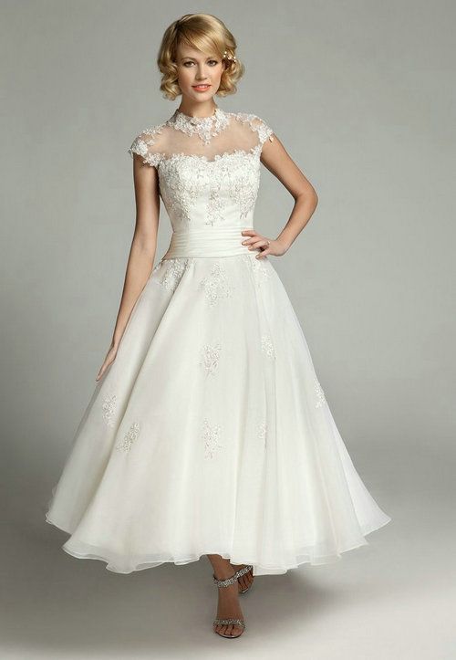 Sheer High Neck Lace Wedding Dresses 2014 Tea Length Applique Illusion