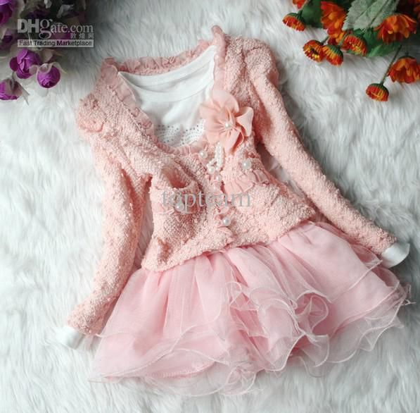 EMS ücretsiz! Bebek giysileri set Kızlar Tutu Etek Uzun Kollu Çocuklar Dantel Şifon Elbise Pembe Hırka Çiçek