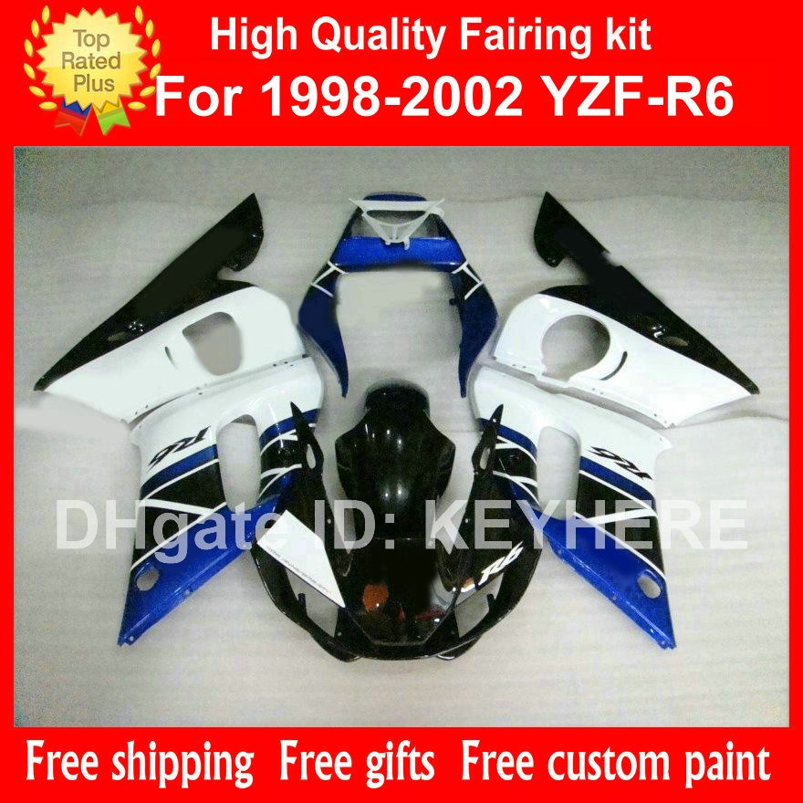 Anpassa ABS plastmakare för YZF R6 1998 1999 2000 2001 2002 YZFR6 98 99 00 01 02 Fairings G8B vita svarta blå motorcykeldelar