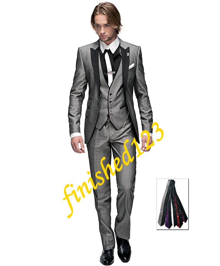 Selling Light grey One button Peak Lapel Groom Tuxedos Groomsmen Men Wedding Blazer Suits Prom Clothing Jacket Pants Vest Tie3377