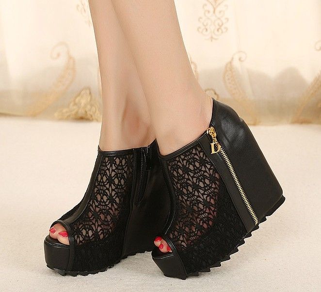 2013 Sexy Lace Hole Shoes Wedge Heel Summer Sandals Fish Head Shoes