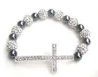 Wholesale 12 per women s fashion handmade shine silver cross alloy charms silver clay beads and hematite adjustable bracelet jewelry
