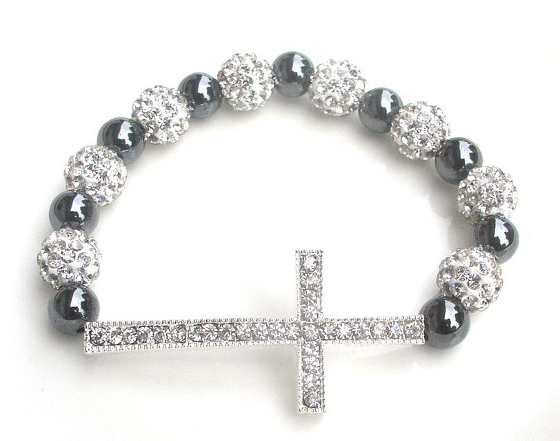 12 stks per partij Damesmode Handgemaakte Shine Silver Cross Alloy Charms zilveren kleipralen en hematiet verstelbare armband sieraden