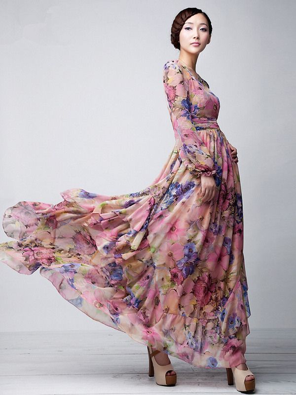 Pink Floral Printed Long Sleeves Chiffon Jewel Neck Maxi Dress Party ...