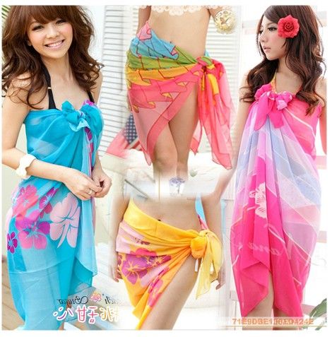 Sexy Beach Swimwear for Women Colorful Sheer Chiffon Cover up Wrap Beach Bikini Shawl Floral Scarf Silky Tulle Bohemian Dresses