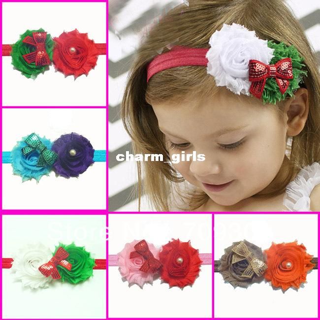 

Flower Headbands For Girls With Sequin Bows Headbands Christmas Headbands 12Sets Free Shipping, Red