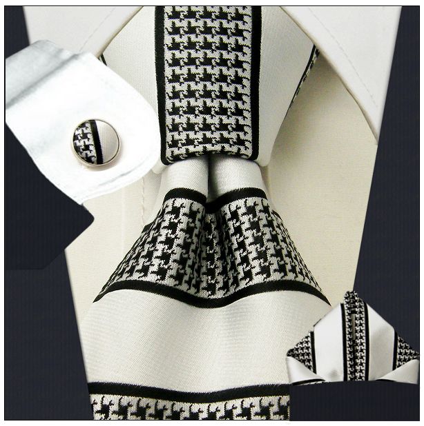 Stripes White Black Tie Set 100% Silk Mens Necktie Ties+Cuffs+Pocket ...