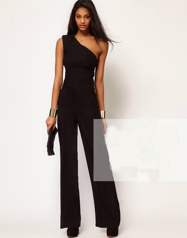 Hot Slim One Shoulder Elegant Bandage Jumpsuits Solid Black XS XXL