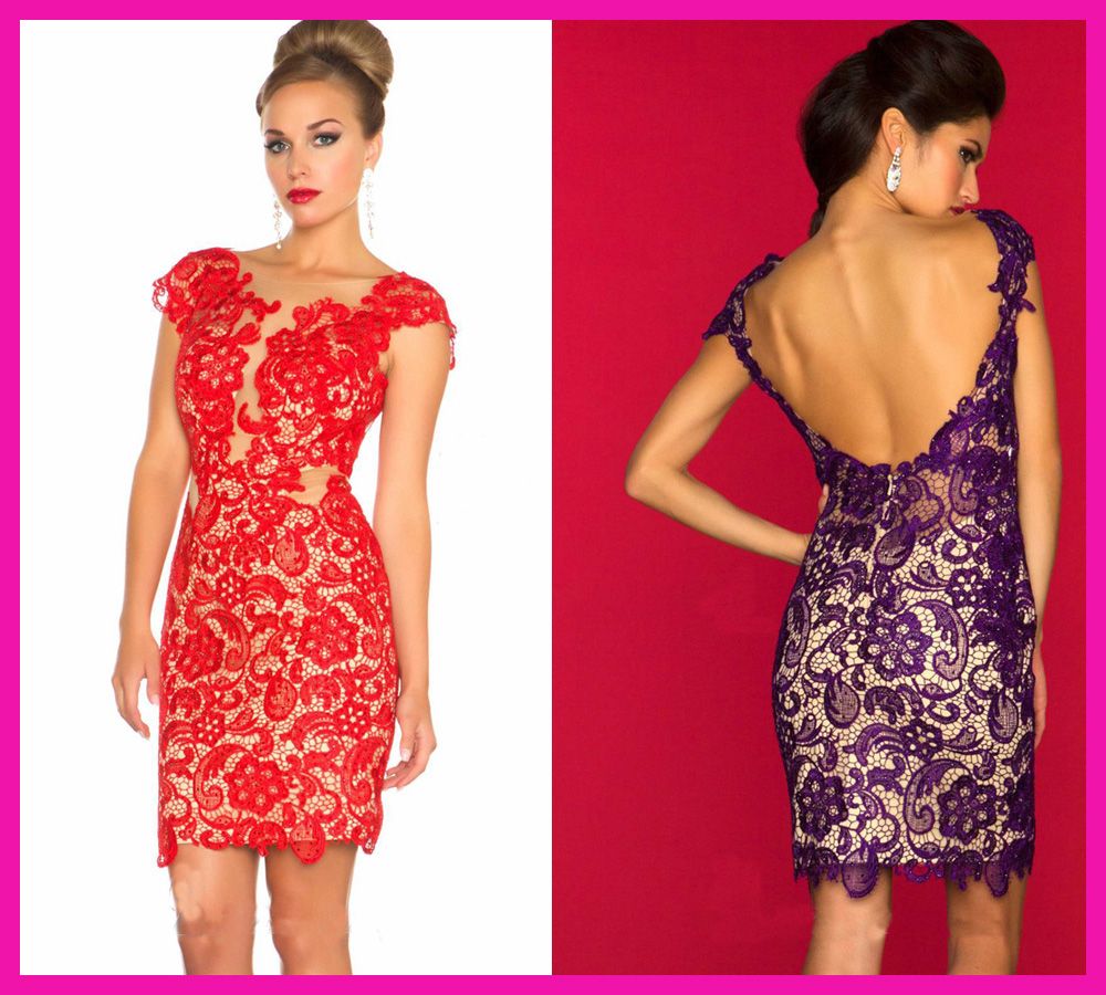 Hot Sell Beaded Lace Cocktail Dresses Party Backless Red Purple Bodycon ...