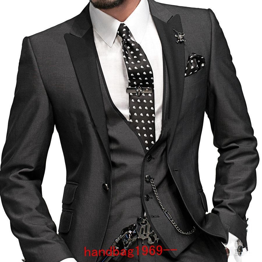 Slim Fit One Button Houtskool Grijze Bruidegom Tuxedos Beste Man Piek Zwarte Revers Groomsmen Mannen Bruiloft Pakken Bruidegom jas + Broek + Tie + Vest F2