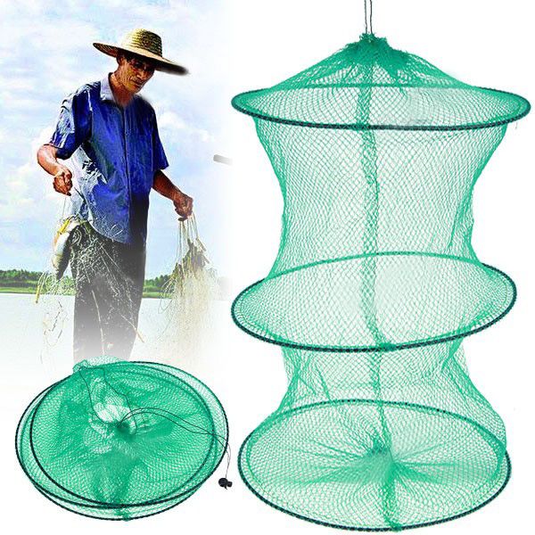 Foldable 3 Sections Fish Lobster Crawfish Crab Trap Hoop Mesh Net For