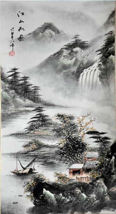 Oriental Landscape Paintings Chinese Silk Scrolls Hanging Painting Decoration Art Painted L100x30cm Free