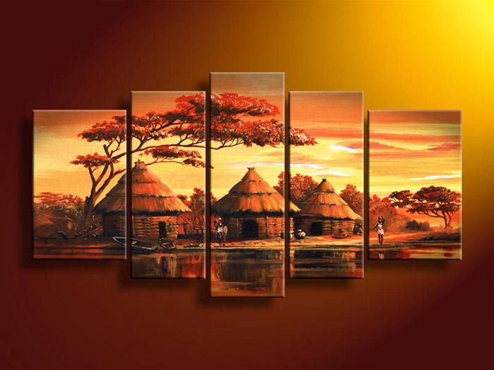 2020 5 Panel Wall Art African Abstract Orange Sunset Oil Painting On