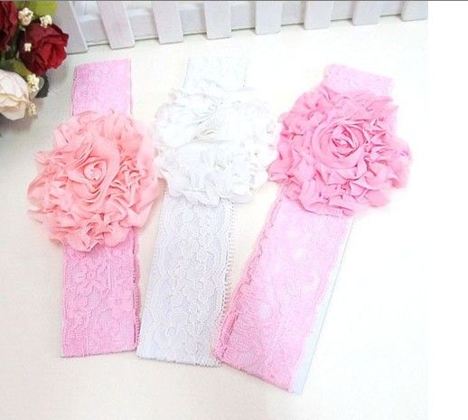 10 stks / partij baby hoofdbanden haarband hoofddeksels grote roze rozenbloemen elastische witte chiffon hoofdband, kinderen haar ornamenten