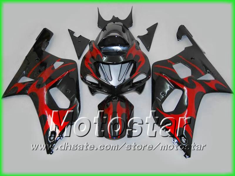 Red Flame ABS Fairing Kit för Suzuki GSXR 600 750 K1 GSXR600 GSXR750 01 02 03 R600 R750 2001 2002 2003 Kroppsfeedningar