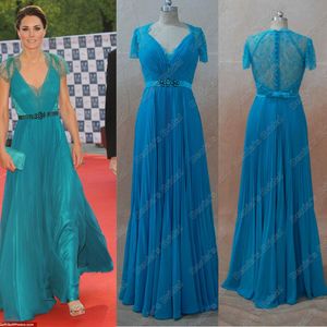 Celebrity Dresses Kate Middleton Blue Green Color Real Actual Images A Line V Neck Cap Sleeves Sheer Lace Beaded Ribbon Kate Dresses