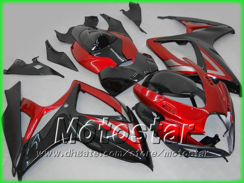 100% passande injeciton gjutning svart +röd mairing body kit för GSXR 600 750 K6 GSXR600 GSXR750 06 07 R600 R750 2006 2007 +vindruta