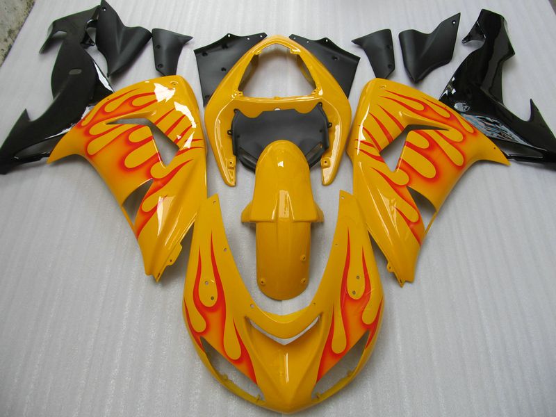 7 подарков! Hot Sell Red Flames Yellow Fairing Kit для Ninja ZX-10R 06-07 ZX10R 06 07 ZX 10R 2006 2007 Обтекание