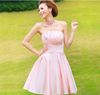 Ny Billiga Ljus Rosa Strapless Elegant Ärmlös Lace-Up Ruffle Beading Satin Mini A-Line Bridesmaid Dresses / Wedding Party Dresses