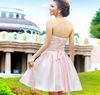 New Cheap Light Pink Strapless Elegant Sleeveless Lace-up Ruffle Beading Satin Mini A-Line Bridesmaid Dresses/Wedding Party Dresses