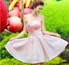 Ny Billiga Ljus Rosa Strapless Elegant Ärmlös Lace-Up Ruffle Beading Satin Mini A-Line Bridesmaid Dresses / Wedding Party Dresses