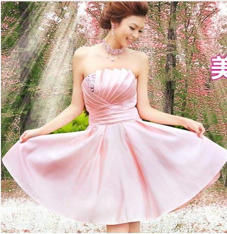 New Cheap Light Pink Strapless Elegant Sleeveless Laceup Ruffle Beading Satin Mini ALine Bridesmaid DressesWedding Party Dresse1875725