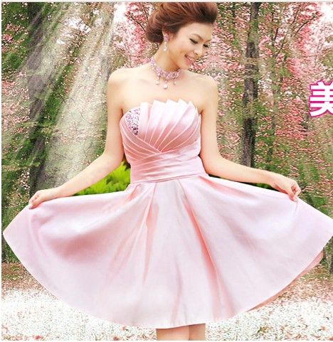 Ny Billiga Ljus Rosa Strapless Elegant Ärmlös Lace-Up Ruffle Beading Satin Mini A-Line Bridesmaid Dresses / Wedding Party Dresses