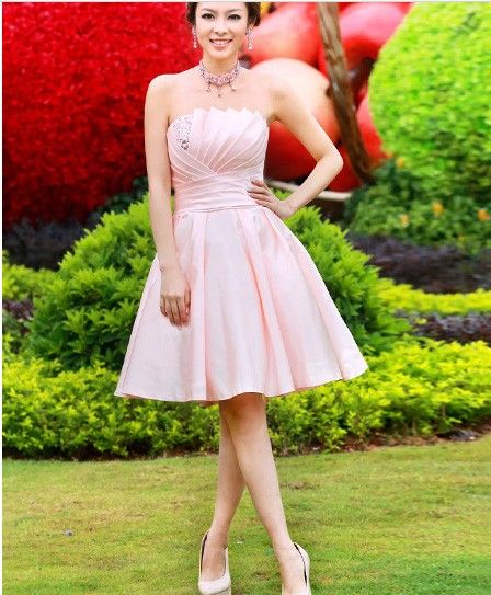 New Cheap Light Pink Strapless Elegant Sleeveless Lace-up Ruffle Beading Satin Mini A-Line Bridesmaid Dresses/Wedding Party Dresses