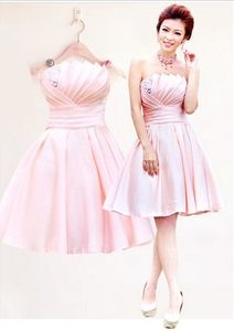 New Cheap Light Pink Strapless Elegant Sleeveless Lace-up Ruffle Beading Satin Mini A-Line Bridesmaid Dresses/Wedding Party Dresses