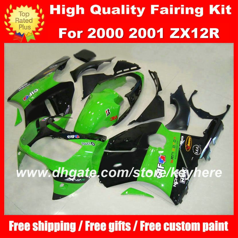 Gratis Anpassa ABS -plastfyllningssats för Ninja ZX12R 2000 2001 ZX 12R 00 01 FAIRINGS G2A Ny grön svart eftermarknad Motorcykelkroppsarbete