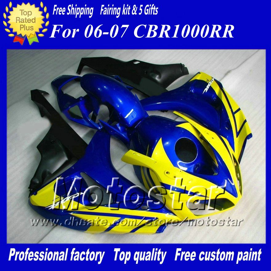 7Gifts Road Racing Wording Kit dla Honda CBR1000RR 06 07 CBR 1000RR 2006 2007 Błyszczący niebieski żółty czarne wróżki zestaw ad59