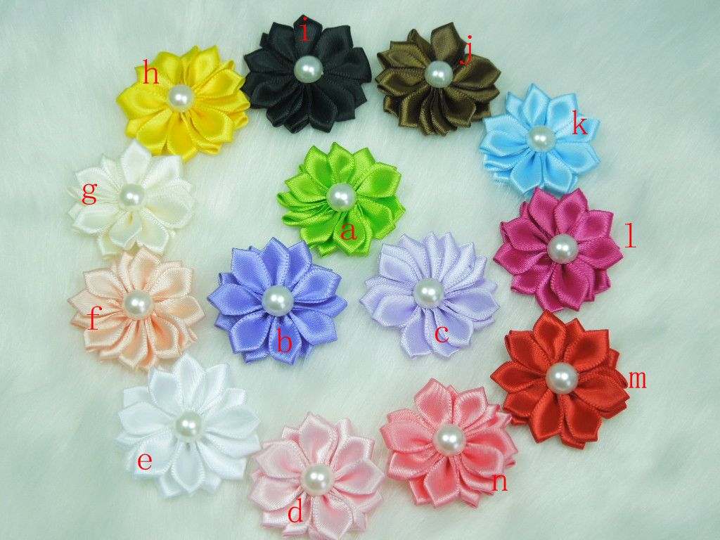 Mini Cute Satin Ribbon Multilayers Flower With Pearl Appliques Fabric ...