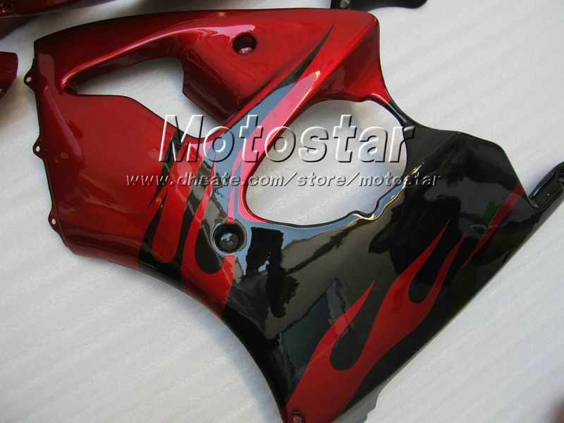 Kit carénages moto rouge flammes noires pour Kawasaki 2005 2006 2007 2008 ZZR600 ZZR 600 05 06 07 08 Kit carénage injection