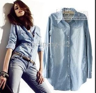 s m l xl 2xl 3xl blue pocket denim shirts tops women plus size womens plus size denim shirts