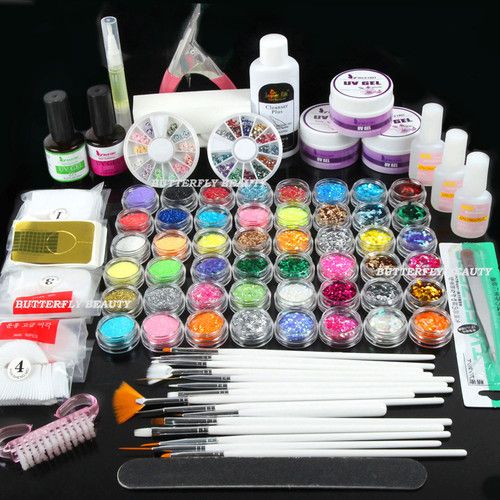 Nail Art UV Gel Primer Glitter Powder Striping Top Coat Tips Brush Glue ...