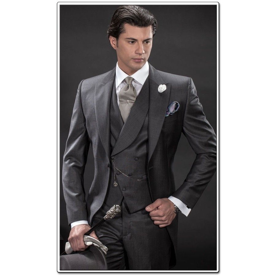 Custom Made Morning Style Charcoal Groom Tuxedos Best Man Peak Lapel Groomsmen Men Wedding Suits Bridegroom Jacket+Pants+Tie+Vest H802