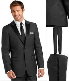 Custom Made Charcoal Side Vent Groom Tuxedos Best Man Peak Lapel Groomsmen Men Wedding Suits Bridegroom (Jacket+Pants+Tie+Girdle) H806