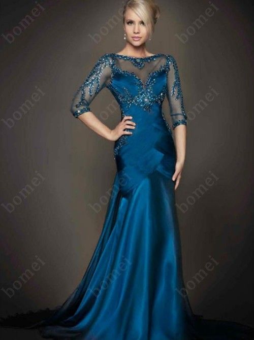 Elegant Blue Jewel Chiffon Beaded Mermaid Prom Dress Custom Made ...