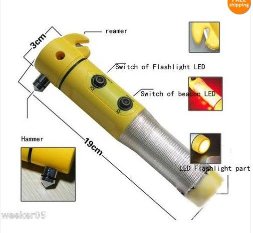 Gratis frakt Bil Safety Hammer Life-Saving Hammer Car Tool Säkerhetshammer Nödlampa ficklampa 4 i 1 multifunktion