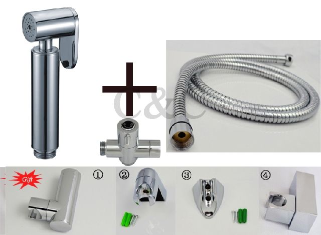 Messing Shattaf Bidet + T-Adapter + Slang + Houder Toliet Douche Wandmontage Chrome A2011ST