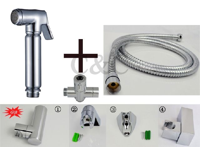 Wandgemonteerd chroom Shattaf bidet toiletbril douchespray met messing T-adapter - gratis verzending