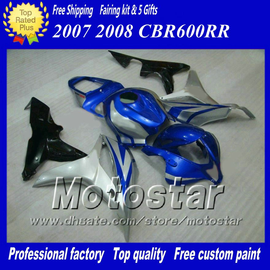 7GIFTS حقن صب هيكل الجسم FALTINGS لهوندا CBR600RR F5 2007 2008 CBR 600 RR 07 08 Glossy Blue Silver Custom Fairing Kit AF14