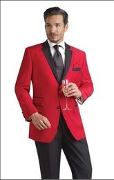 New Red Jacket Black Pants Groom Tuxedos Best Man Notch Black Lapel Groomsmen Men Wedding Suits Bridegroom (Jacket+Pants+Tie) H814