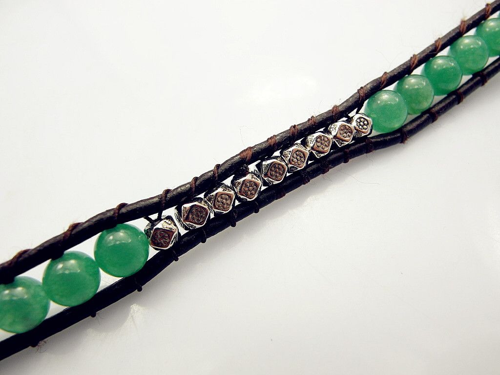 2013 6mm Green Jade Bead Wrap Bracelet New Design Handmade Wrap Leather
