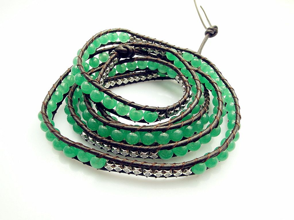 2013 6mm Green Jade Bead Wrap Bracelet New Design Handmade Wrap Leather
